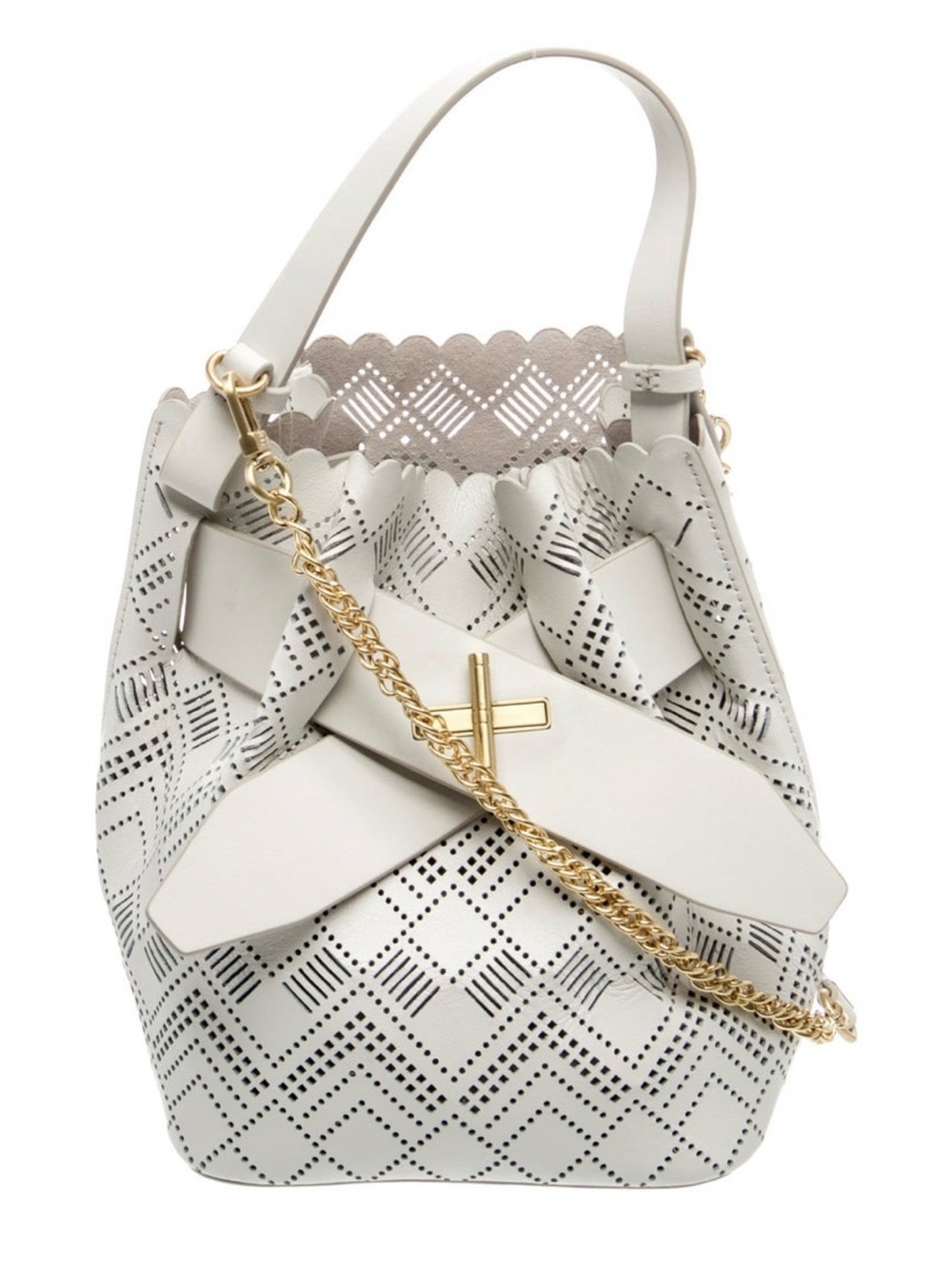 Zac Posen White Laser-Cut Scalloped Bucket Bag with Gold Chain